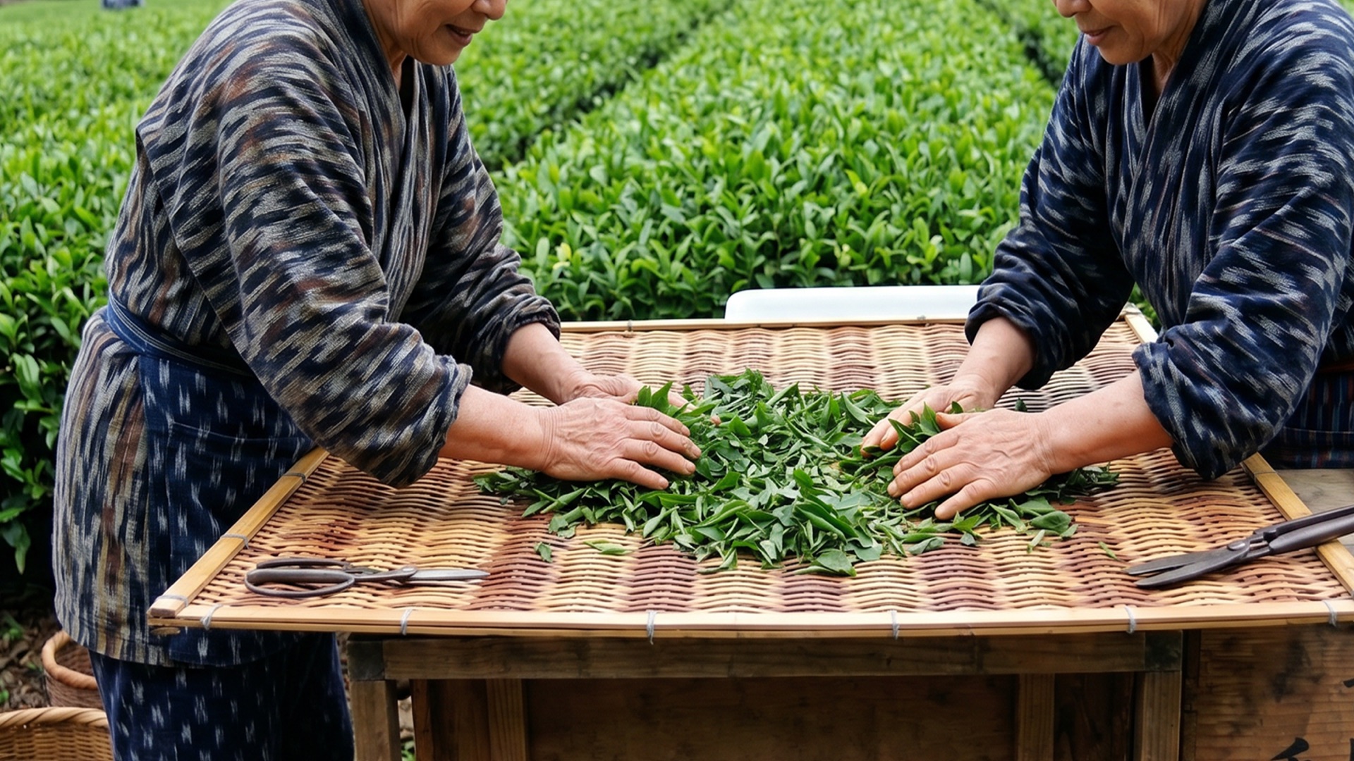宮崎の茶畑で茶葉を整える