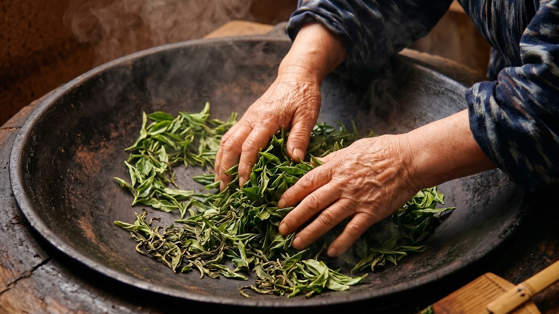 釜炒り（茶葉を揉む手）