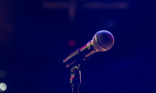 black and gray microphone on black stand